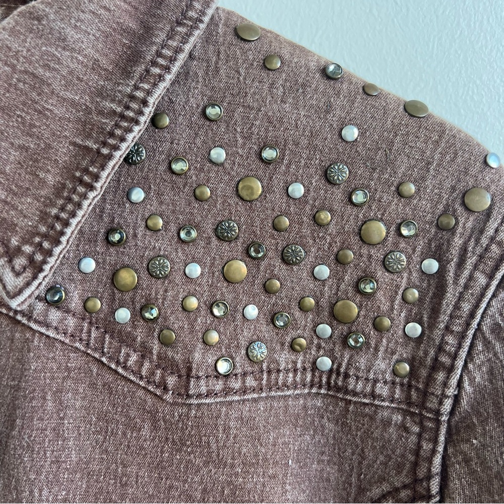 DG2 by Diane Gilman Brown Studded Denim Jacket Shoulder Detail